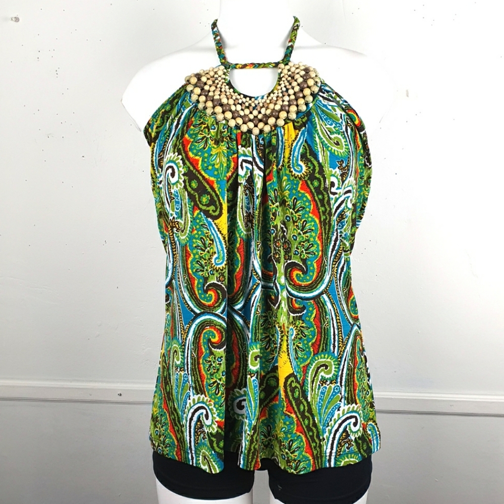 Three Hearts Wood Beads Green Print Halter Top
